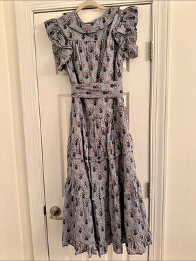 Victoria Dunn Floral Maxi Dress Blue & tan Size Medium